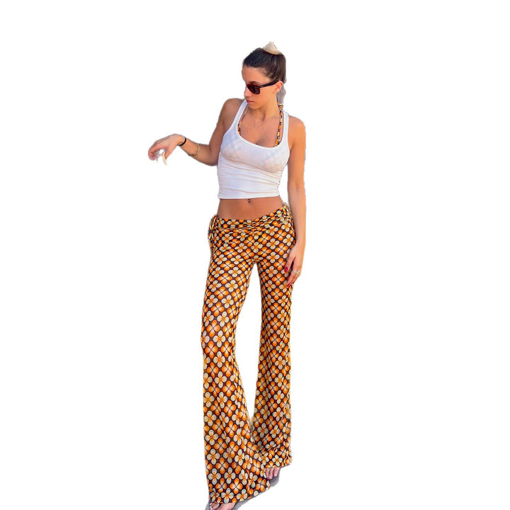 Women's flared high-waisted trousers with side drawstrings and retro floral print Mune Fashion