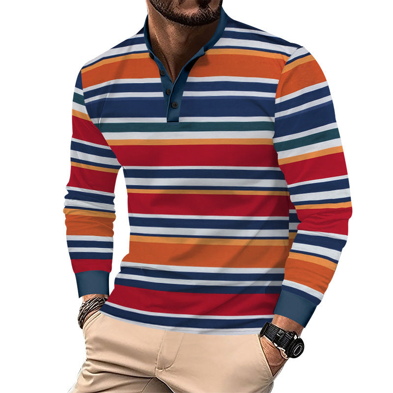 Men's striped long-sleeve Henley shirt with stand-up collar, slim fit and elastic cotton mix Mune Fashion
