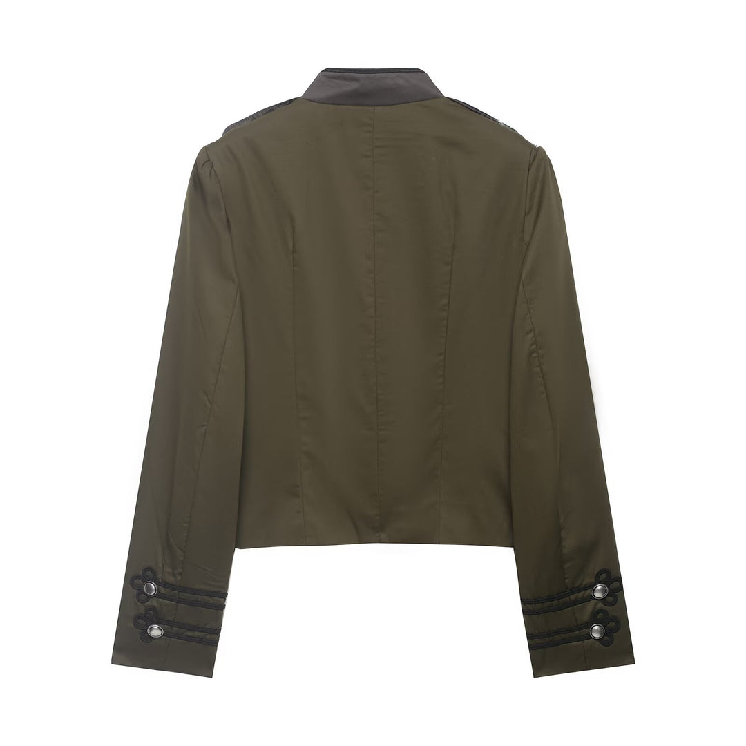 Women Military-Inspired Short Jacket with Decorative Cords, Stand-Up Collar and Epaulettes Mune Fashion