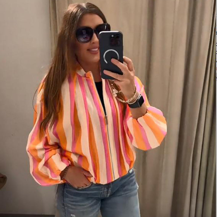 Women's Striped Bomber Jacket with Balloon Sleeves and Short Cropped Cut Mune Fashion