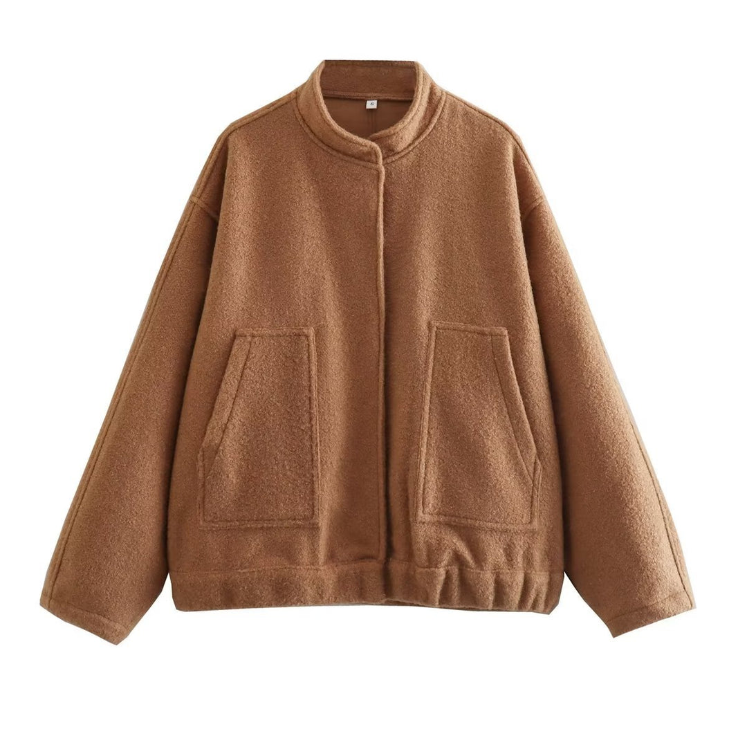 Women’s nan boxy wool blend blouson with stand-up collar, concealed front placket, side pockets and elastic hem Mune Fashion
