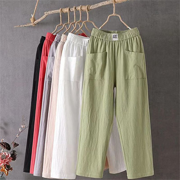 Ladies casual linen blend trousers with elastic waistband, straight leg, and large patch pockets Mune Fashion
