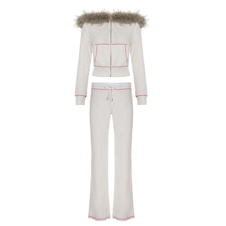 Women's short-cut hoodie with removable faux fur collar, full-length zipper and contrasting decorative seams Mune Fashion