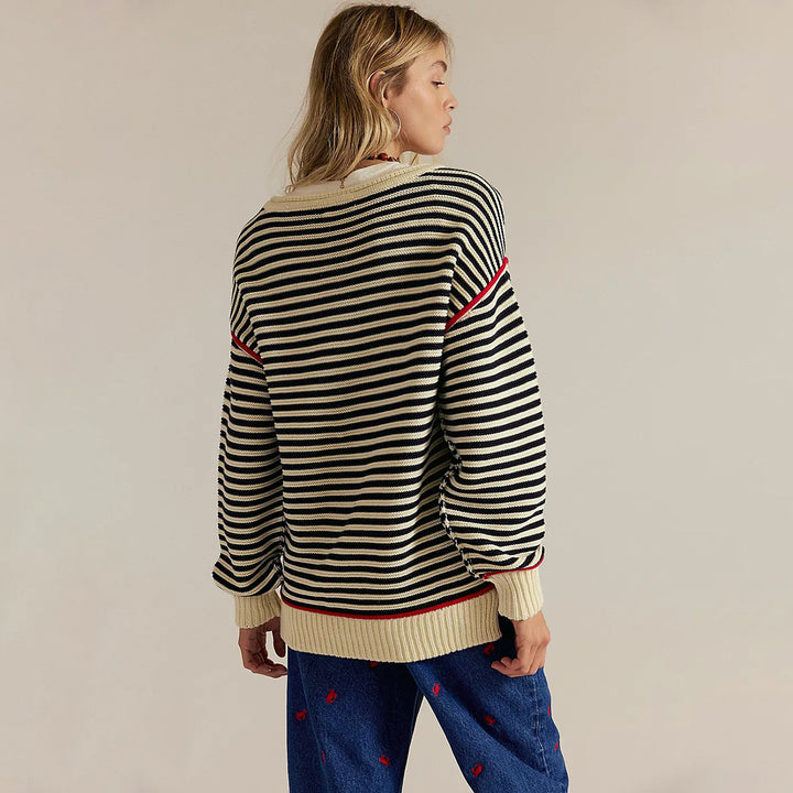 Women's Oversized Striped Knit Sweater with Wide Cut, Cuffs & Contrasting Piping Mune Fashion