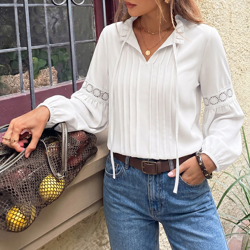 Ladies Elegant Blouse with Ruffle Accents and Lace Sleeves Mune Fashion