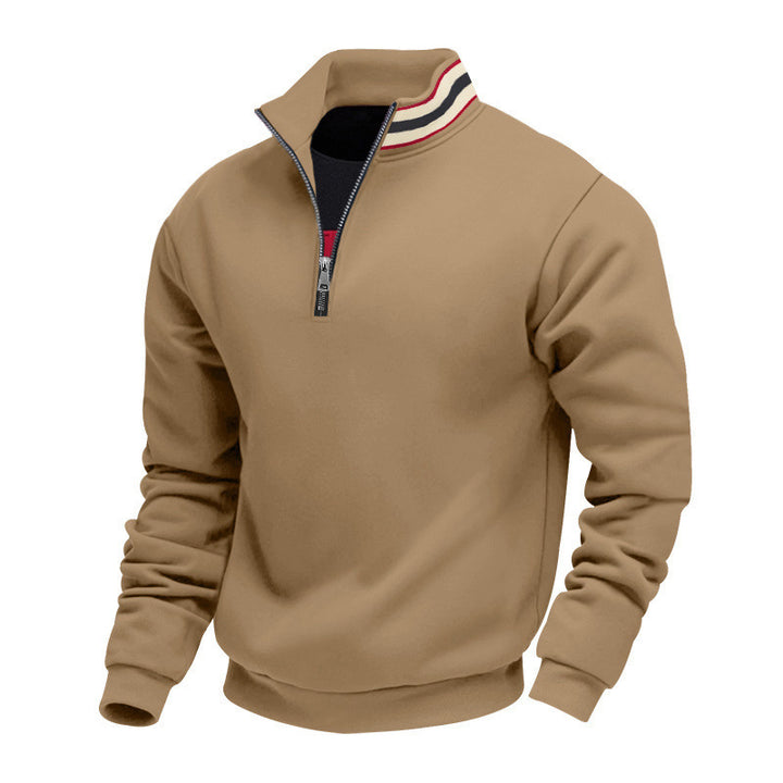 Men's standing collar half-zip sweatshirt made of cotton fleece with contrast stripes on the collar and ribbed cuffs Mune Fashion