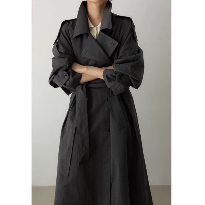Women Oversize Maxi Trench Coat with Waist Belt and Double Button Placket Mune Fashion