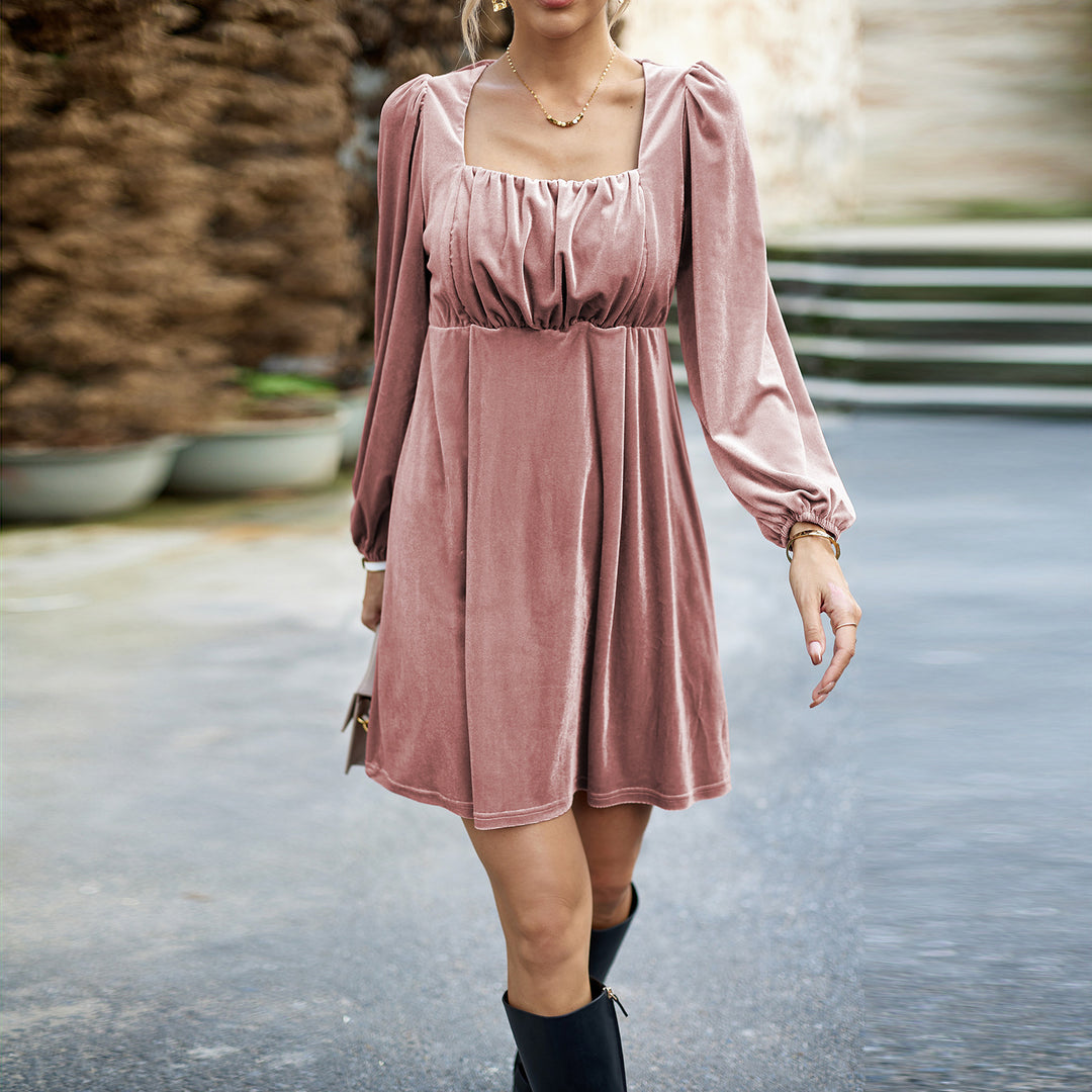Women in velvet short dress with square neckline, empire waist and balloon sleeves Mune Fashion