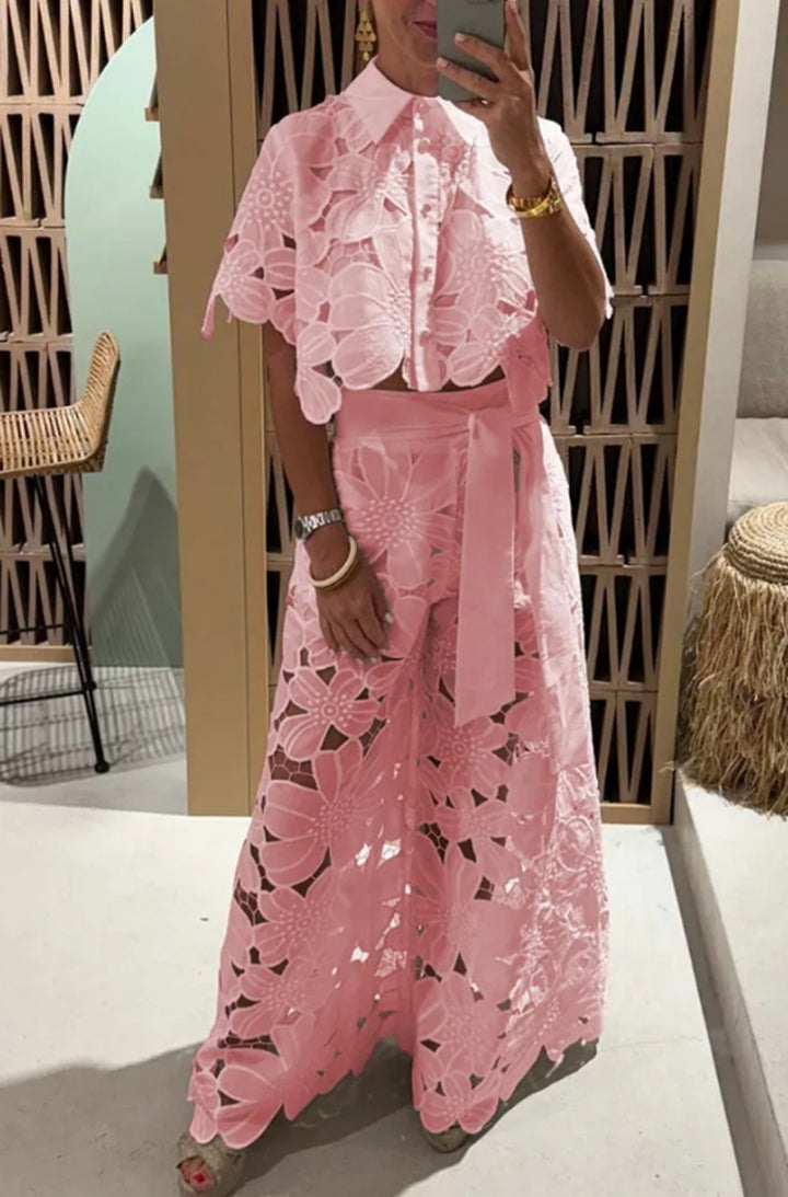 Women's two-piece lace embroidery set with short blouse and maxi skirt with tie belt Mune Fashion
