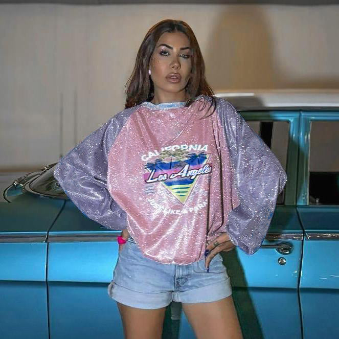 Damen Glitzerndes Oversize-Sweatshirt mit Raglanärmeln und Retro-Los-Angeles-Print Mune Fashion
