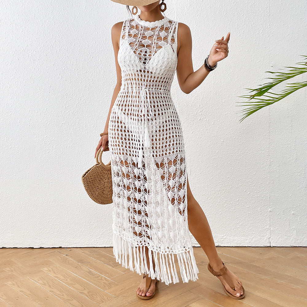 Women's crocheted beach cover-up with open crochet elements and elegant fringes Mune Fashion