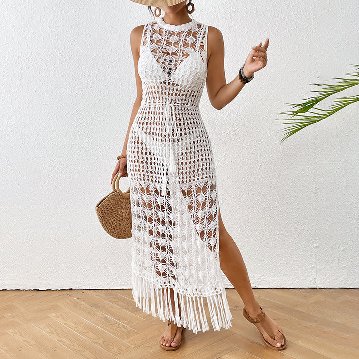 Women's crocheted beach cover-up with open crochet elements and elegant fringes Mune Fashion
