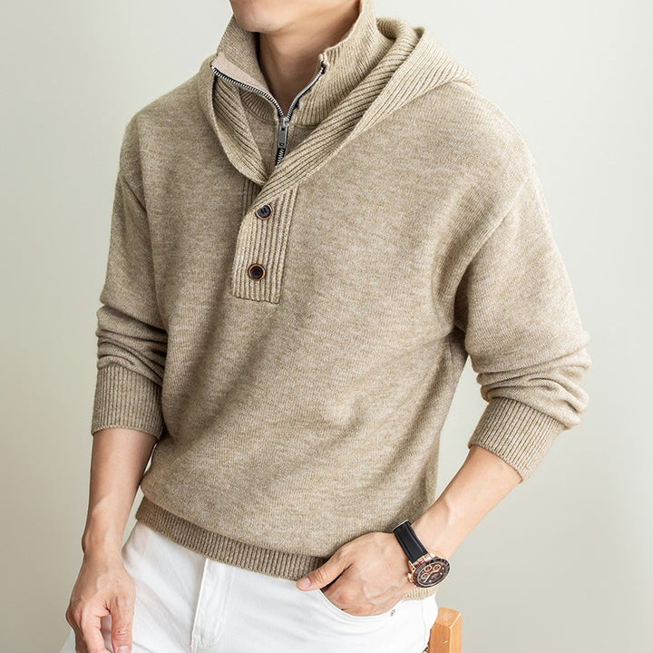 Men's fine knit hooded pullover with half zipper and button placket Mune Fashion