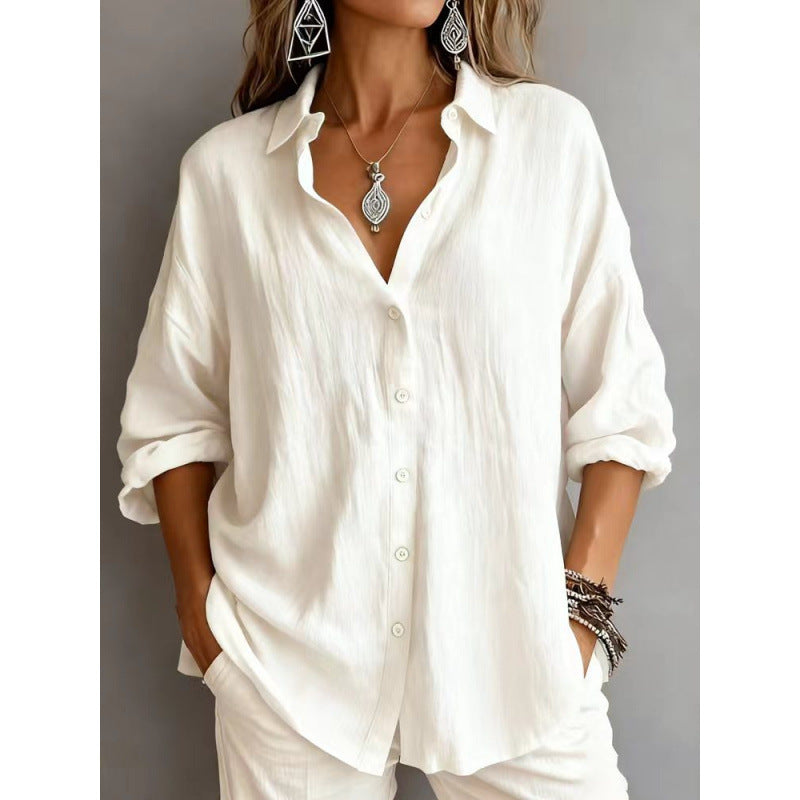 Women's Loose Linen Look Shirt with Oversized Cut and Round Hem Mune Fashion