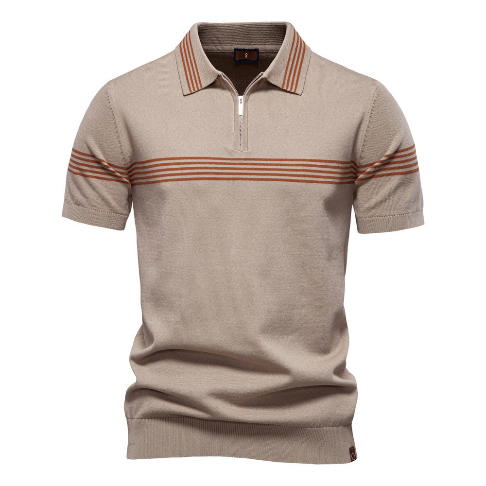 Men's noble fine-knit polo shirt with short metal zipper, cuffed sleeves, and contrasting striped bands Mune Fashion