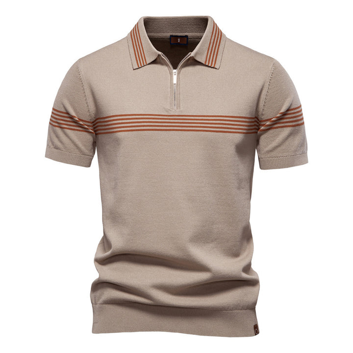 Men's noble fine-knit polo shirt with short metal zipper, cuffed sleeves, and contrasting striped bands Mune Fashion