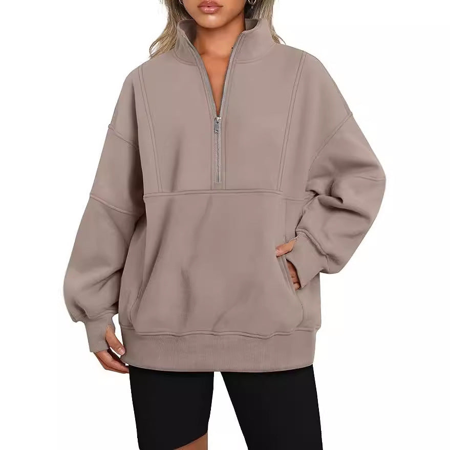 Women's Oversized Sweatshirt with Half Zipper, Kangaroo Pocket and Stand-up Collar Mune Fashion