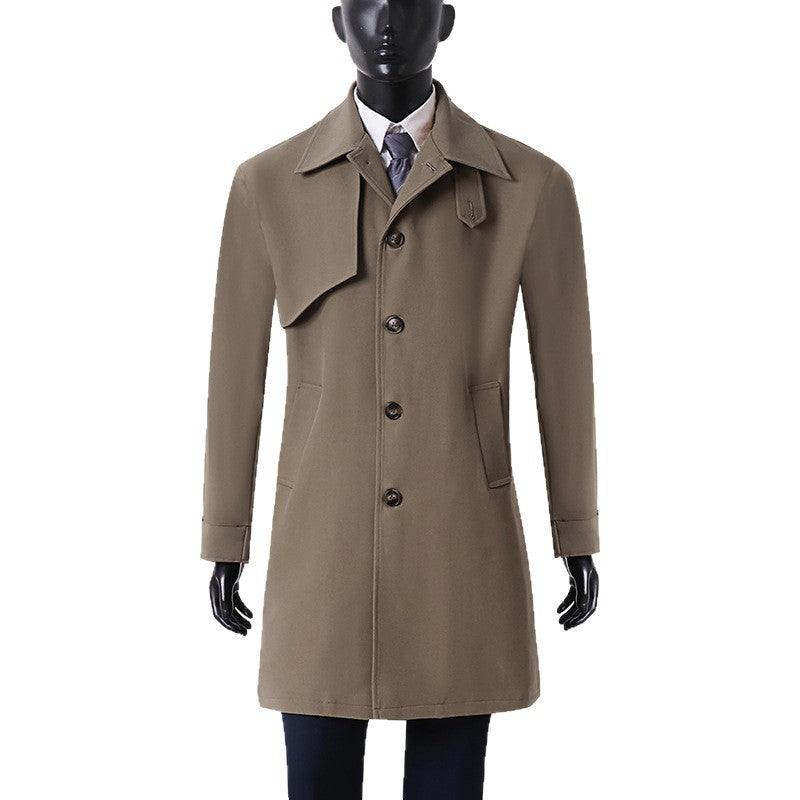 Men's modern minimalist trench coat with asymmetric shoulder flap and knee-length silhouette Mune Fashion