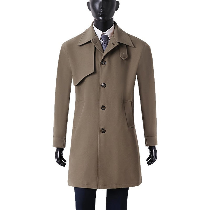 Men's modern minimalist trench coat with asymmetric shoulder flap and knee-length silhouette Mune Fashion