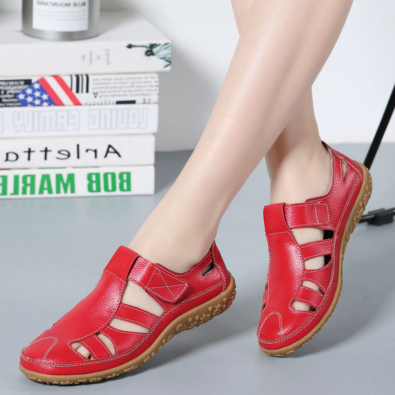 Ladies closed leather summer shoe with cutouts hook and loop fastener and cushioning nub sole Mune Fashion