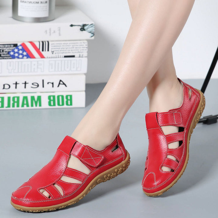 Ladies closed leather summer shoe with cutouts hook and loop fastener and cushioning nub sole Mune Fashion