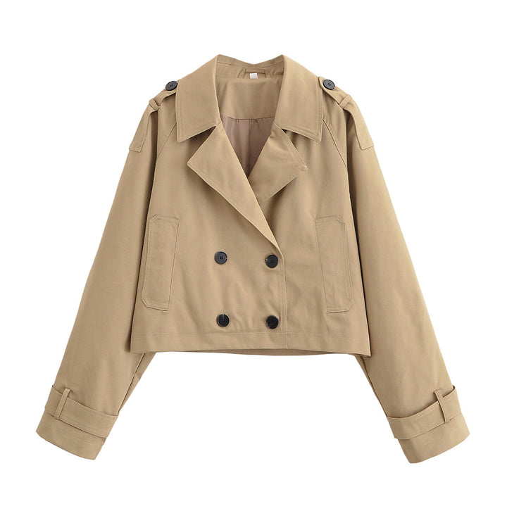 Women's Cropped Trench Coat with Double-Breasted Button Placket and Epaulettes Mune Fashion