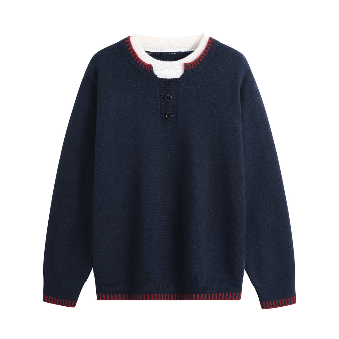Unisex fine knit henley sweater with contrasting ribbed collar & three-button placket Mune Fashion