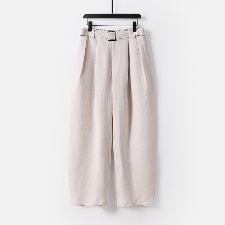 Women High-waisted wide linen blend pants with pleats and fabric belt Mune Fashion