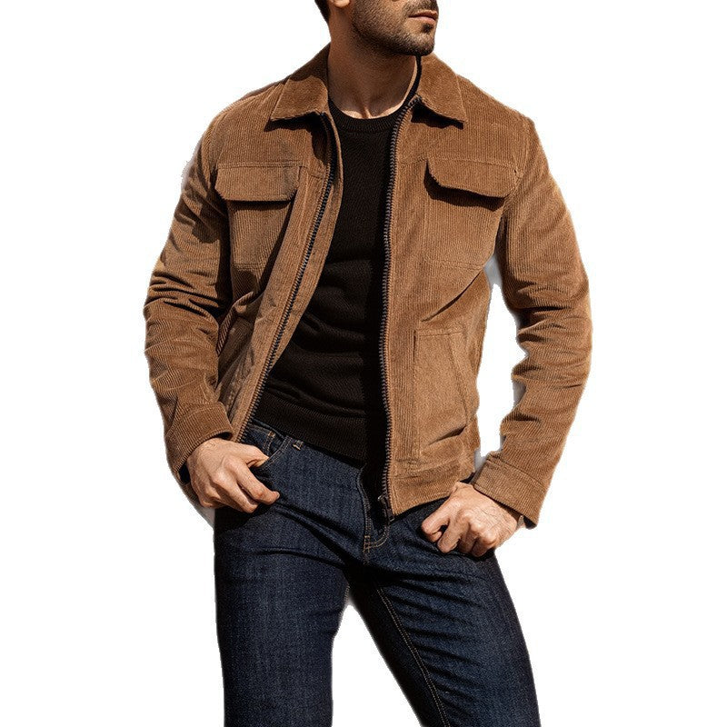 Men's short jacket made of fine corduroy with a shirt collar, zipper, and flap pockets Mune Fashion