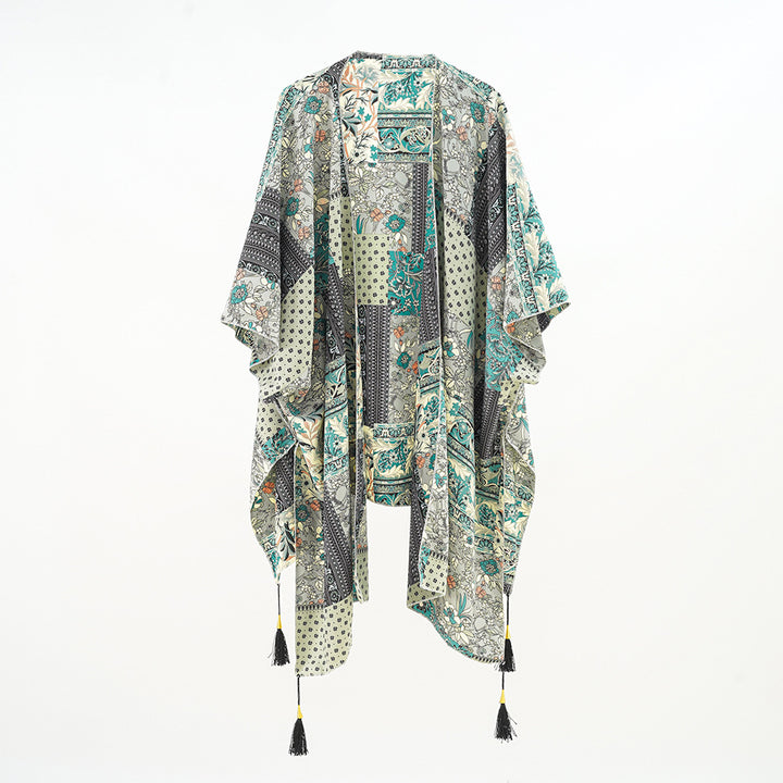 Women Kaftan Overlay with Patchwork Floral Print and Tassels Mune Fashion
