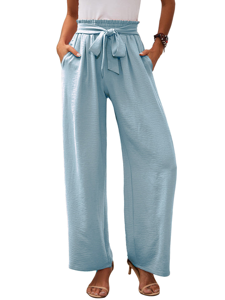Women's paperbag pants with wide leg, elastic waist and tie belt Mune Fashion