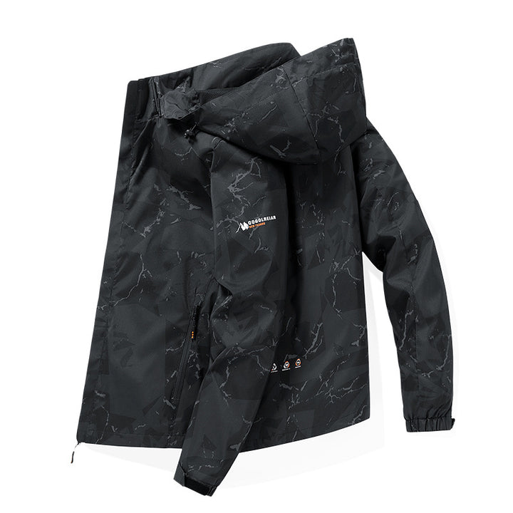 Men's Water-Repellent Hooded Softshell Transition Jacket with Camouflage Marble Print, Adjustable Hem & Zipper Pockets Mune Fashion