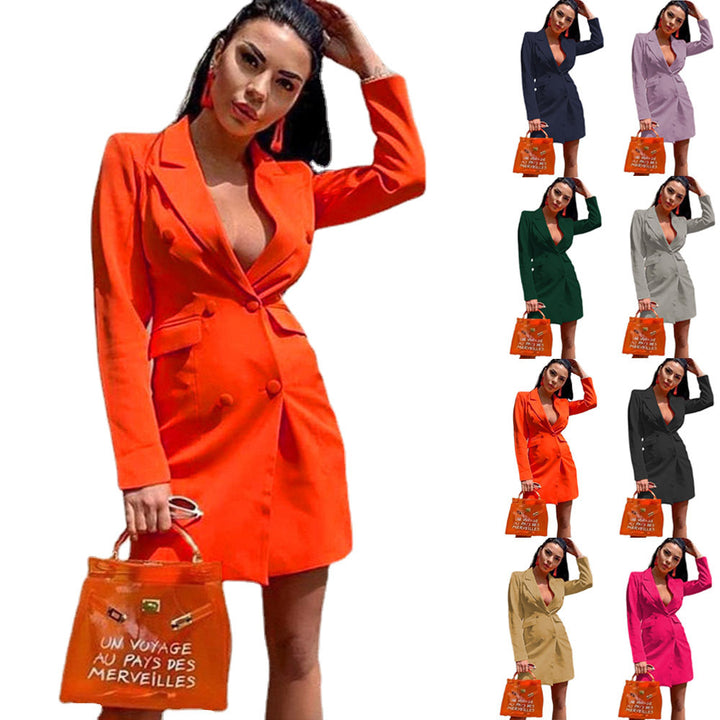 Women's Fitted Blazer Dress in Double-Breasted Style with Notched Collar and Flap Pockets