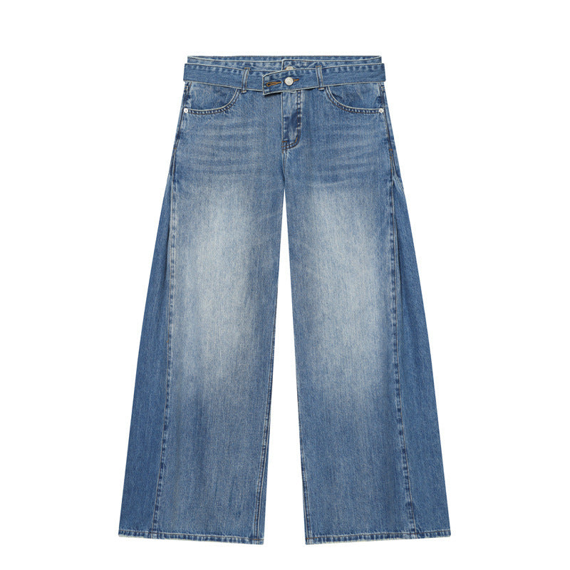 Women Wide Denim Pants with Side Pleat Inserts, High Waist and Waist Belt Mune Fashion