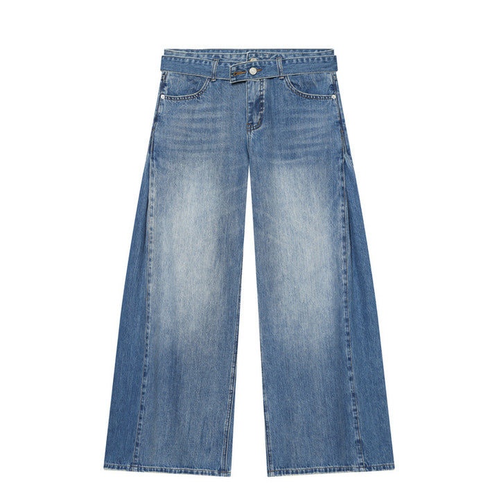 Women Wide Denim Pants with Side Pleat Inserts, High Waist and Waist Belt Mune Fashion