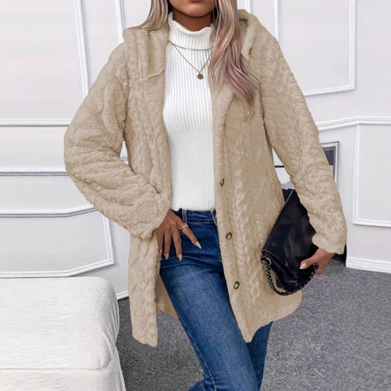 Women’s Oversized Knitted Coat with Hood, Jacquard Structure and Button Placket Mune Fashion
