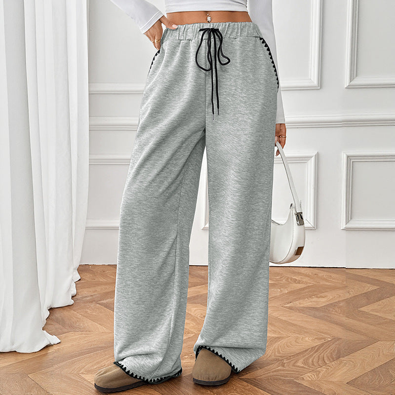 Women's Wide Relax Fleece Pants with High Waist, Drawstring and Decorative Stitch Details Mune Fashion