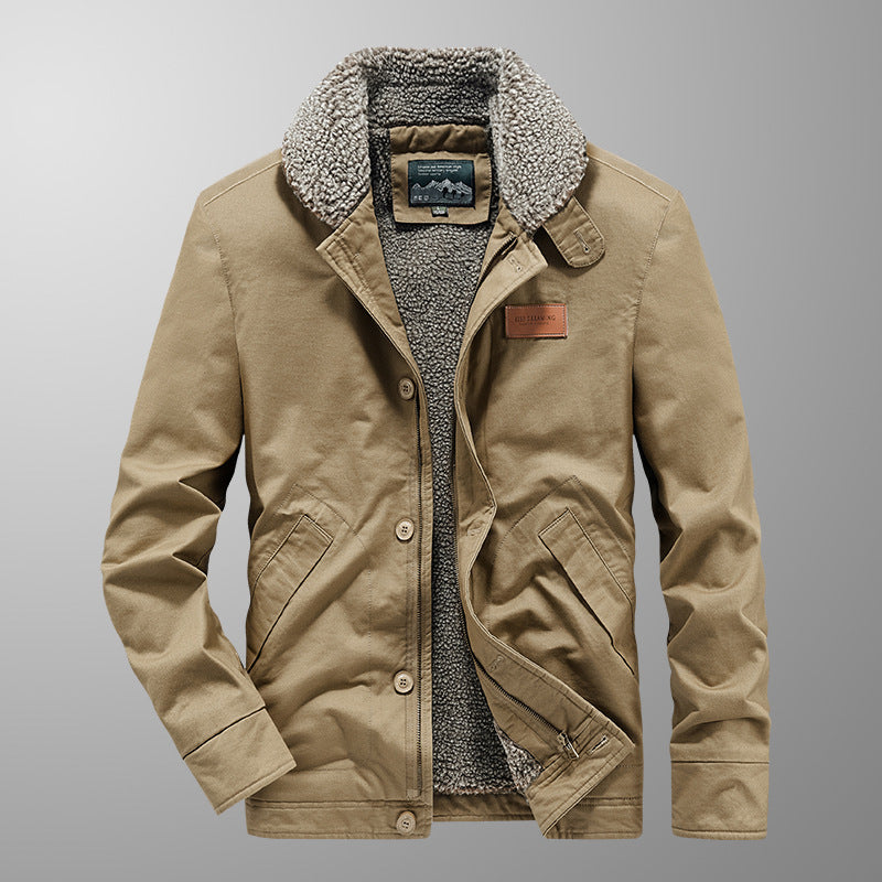 Men's Canvas Army Blouson with Continuous Teddy Lining, Zipper and Button Placket Mune Fashion