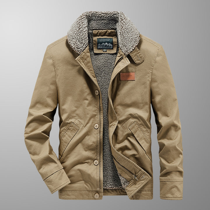 Men's Canvas Army Blouson with Continuous Teddy Lining, Zipper and Button Placket Mune Fashion