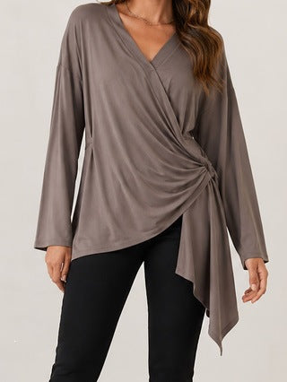 Women's wrap top with side knot detail, V-neck and asymmetrical hem Mune Fashion