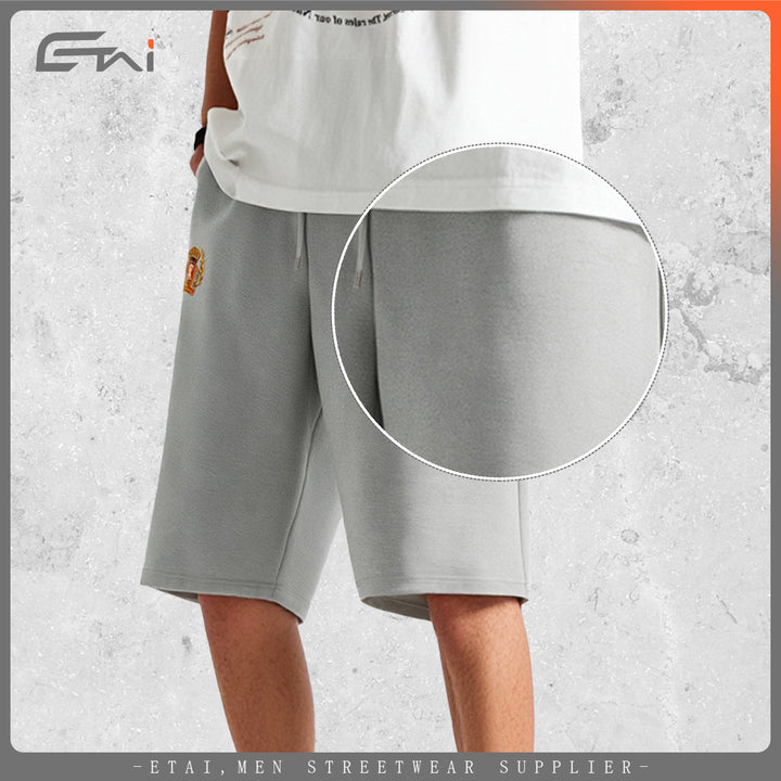 Men's Knee-Length French Terry Sweat Shorts with Drawstring and Embroidered Crest Mune Fashion