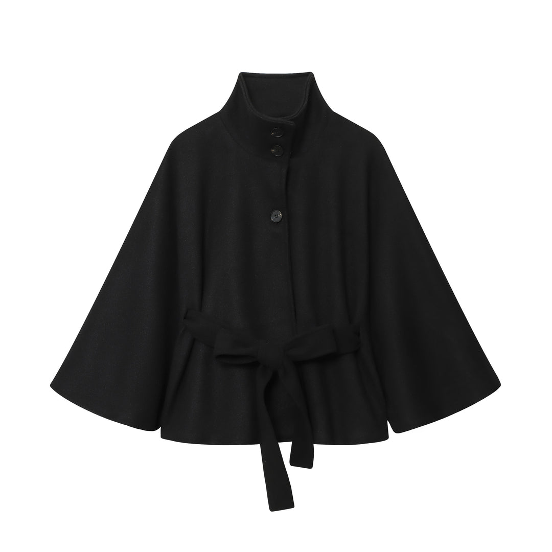 Women Short Cape Coat with Stand Collar, Button Placket and Tie Belt Mune Fashion