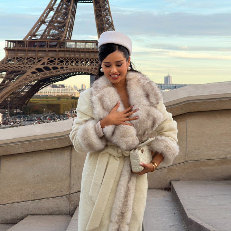 Women Tailored Maxi Coat with Faux Fur Shawl Collar and Tied Belt Mune Fashion