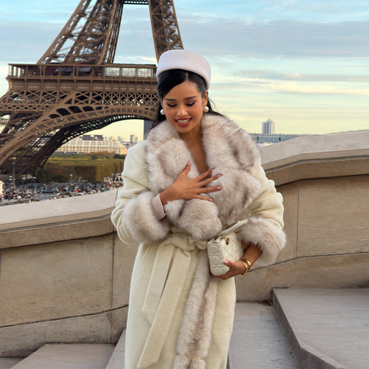 Women Tailored Maxi Coat with Faux Fur Shawl Collar and Tied Belt Mune Fashion