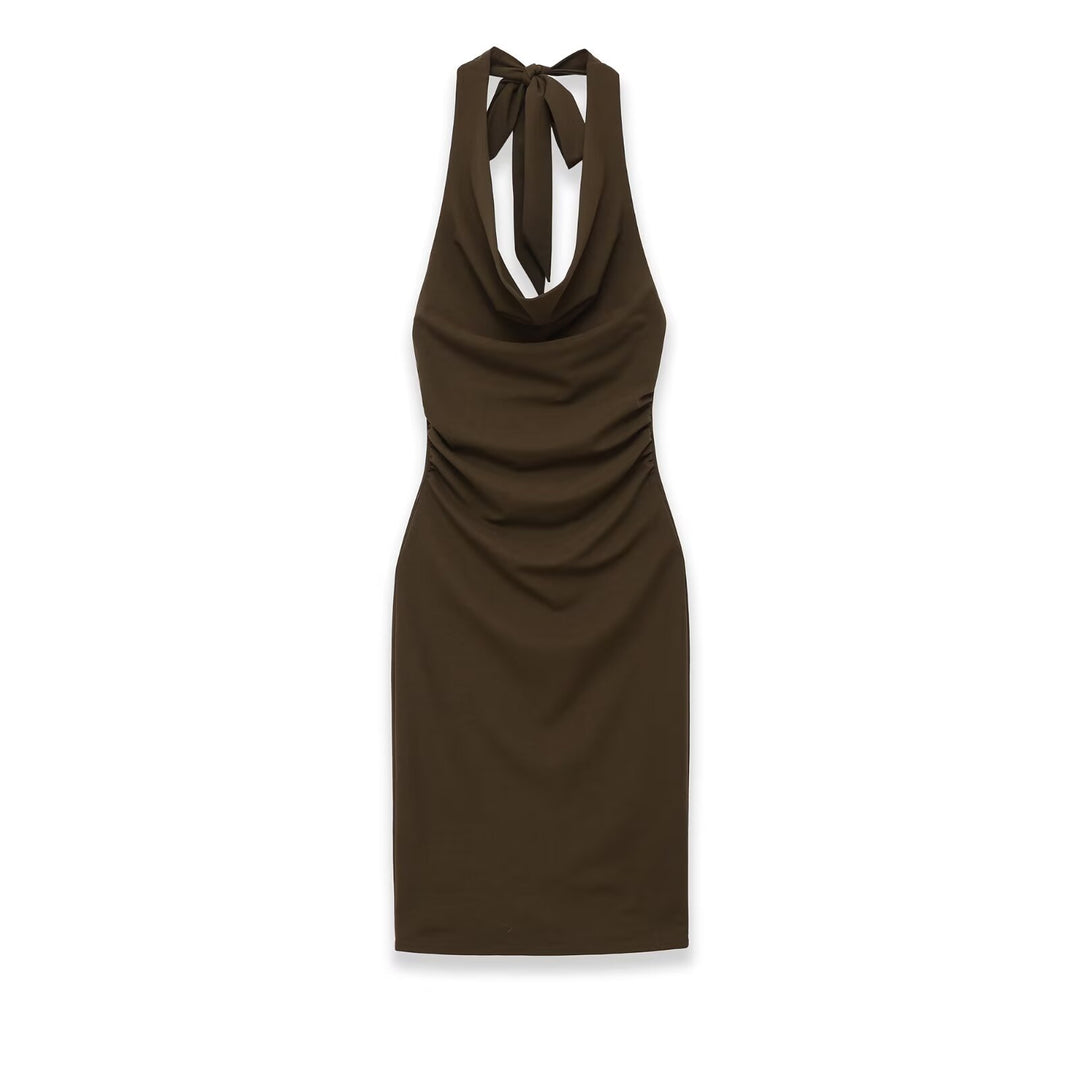 Ladies midi dress with halter neck, waterfall cowl neckline and side gathering Mune Fashion
