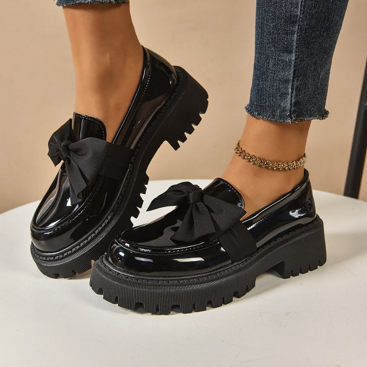 Women's Shiny Platform Loafers with Oversized Decorative Bow and Chunky Profile Sole Mune Fashion