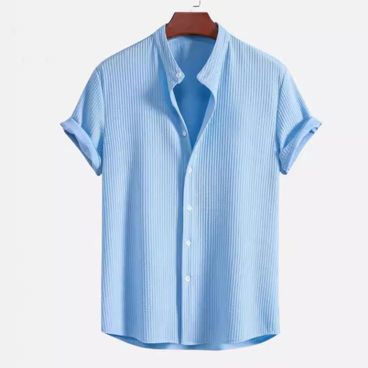 Men's Short Sleeve Structured Shirt with Stand Collar and Rolled-Up Sleeves Mune Fashion