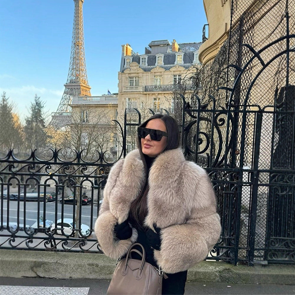 Women's Short Cut Luxury Faux Fur Blouson with Voluminous Shawl Collar Mune Fashion