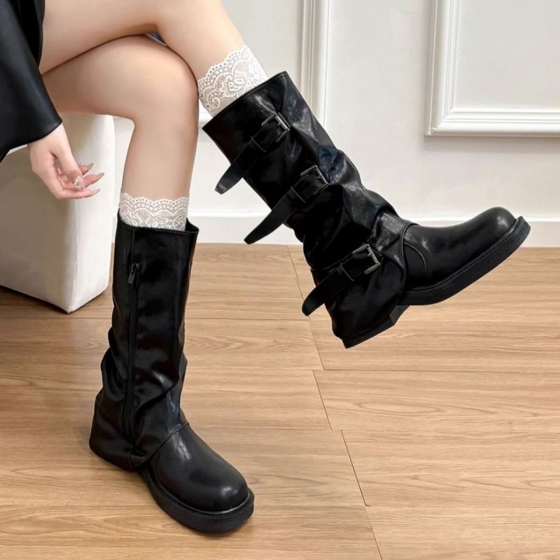 Women's knee-high slouch boots made of synthetic leather with adjustable buckles and textured platform heel Mune Fashion