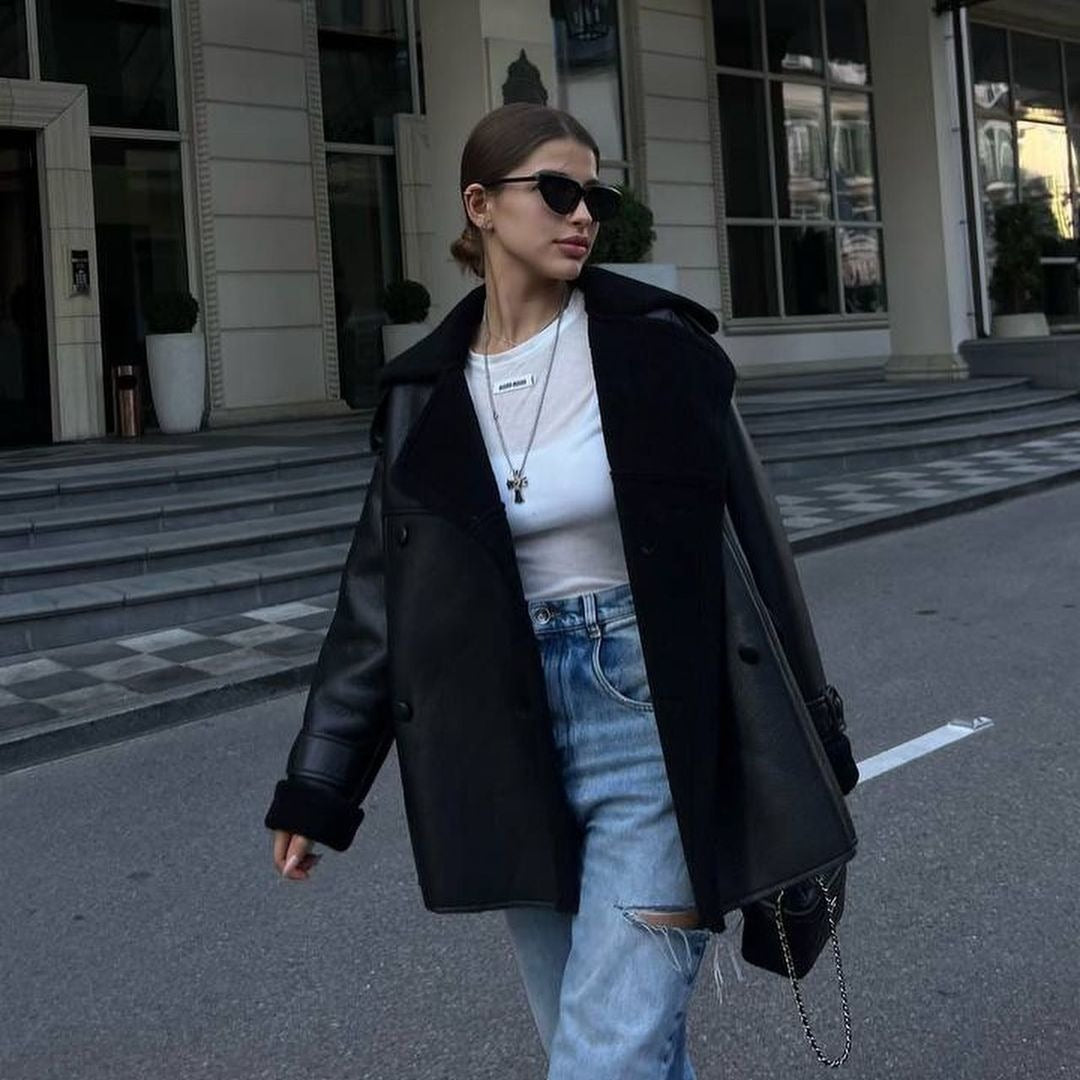 Women Oversized Flight Jacket made of Lambskin Imitation with Double-Breasted Button Placket Mune Fashion
